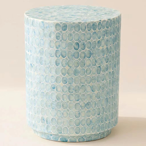 Taburete Cilíndrico Azul Claro de Nácar, Mesa Auxiliar de Lujo con Incrustaciones de Mosaico, Asiento Decorativo Moderno para el Hogar - Product Image 1