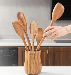 Ensemble d'ustensiles de cuisine en bois d'acacia 5 pièces - Outils de cuisine professionnels avec serveur à spaghetti, cuillère ajourée et cuillères de service - Product Image 6