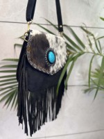 Turquoise Stone Sling Bag Designer Hair On Hide Fringe Sac à main Gypsy Boho en cuir de vachette Vintage Handmade Western Style Bag