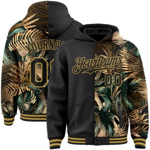 Vente en gros directe de l'industrie, sweat-shirt à capuche décontracté d'hiver personnalisé, noir, or vieilli, tropical, feuilles de jungle hawaïennes, 3D, entièrement zippé - Product Image 1