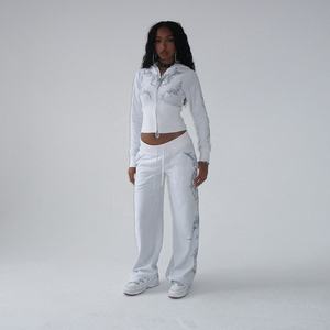 Ensemble de survêtement tendance pour femmes, hiver, poids lourd, 100% coton, à capuche, uni, avec strass scintillants, deux pièces, en polaire, hip-hop, décontracté - Product Image 1