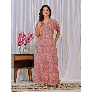 Vestido de Dormir 100% Algodón con Estampado Jaal Hecho a Mano, Camisón Suave Tejido con Diseño Floral y Cierre de Botones, Talla 3XL para Damas de Honor - Product Image 3