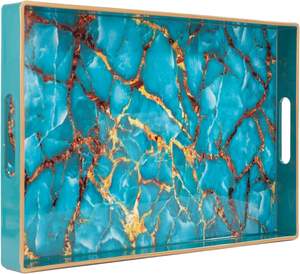 Plateau de service élégant en bois enduit d'émail imprimé avec poignées pour le petit déjeuner café collations fêtes décor à la maison - Product Image 1