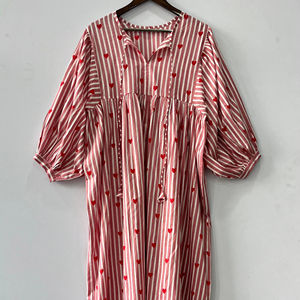 Vestido MIDI de algodón hecho a mano con estampado de corazón rojo, bata vintage a rayas, manga abullonada, ajuste holgado para el Día de San Valentín, suministro ODM - Product Image 1