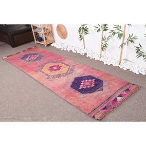 Vintage 2.9 X 9.4 ft Traditional <b>Turkish</b> <b>Rug</b> Classic Large Area Wool with Patchwork Pattern Latex Backing for Teens Pink Purple - Product Image 1