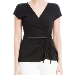 Colección Verano 2024: Camiseta Casual de Gasa para Mujer con Cuello Redondo, Manga Corta, Transpirable, con Ajuste Lateral y Diseño Cruzado Falso - Product Image 2