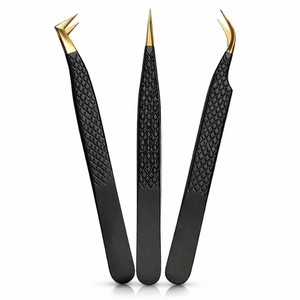 Juego de 3 Pinzas para Pestañas Negras y Doradas, Rectas, Curvas y en Forma de L, Herramientas Profesionales para Extensión de Pestañas - Product Image 1