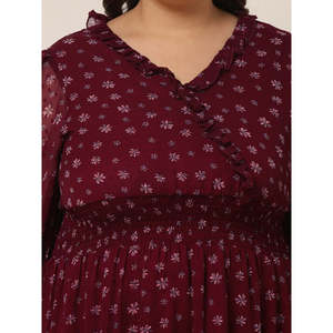 Vestido Maxi de Gasa con Estampado Floral Vino, Cuello en V, Manga Abullonada y Cintura Imperio de Talla Grande para Mujer Deebaco - Product Image 2