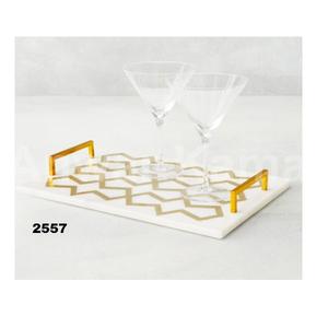 Bandeja de servicio de metal dorado y mármol blanco con asa para hotel y restaurante en casa - Product Image 6