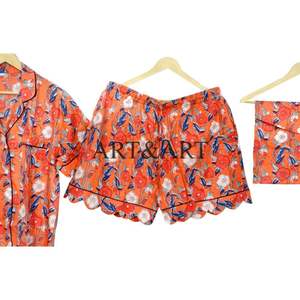 Ensemble de pyjama court d'été élégant pour femmes, imprimé à la main en coton, vêtements de détente, vêtements de nuit doux, lavable en machine, de haute qualité - Product Image 3