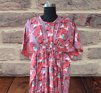 Kaftan pour femmes en coton pur à imprimé floral, col en V, manches courtes, longueur intégrale, confortable et élégant, pour les festivals d'été, vêtements de nuit imprimés
