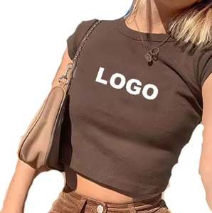 Camisetas recortadas de manga raglán con logotipo personalizado para mujer, camisetas cortas de manga corta en contraste - Product Image 3