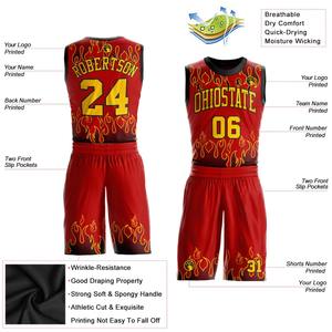 Personalizado rojo oro-negro llama cuello redondo sublimación baloncesto traje Jersey y pantalones cortos 2 piezas conjuntos uniformes para la venta - Product Image 2