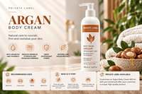 Crème pour le corps à l'huile d'argan en marque privée 400ml OEM |   Avec huile d'argan et vitamine E |   Soins corporels naturels et végétaliens |   Fabriqué en Espagne UE