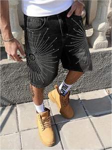 Classi-Pantalones cortos de mezclilla con diamantes de imitación para hombre, con apertura en la pierna ancha, de algodón transpirable y tejido elástico, pantalones cortos de mezclilla de secado rápido para hombre - Product Image 2