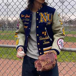 OEM School College Custom Chenille Embroidery Logo Student Leather Bomber Baseball Patch Letterman <b>Men's</b> Wool Varsity <b>Jacket</b> - Product Image 2