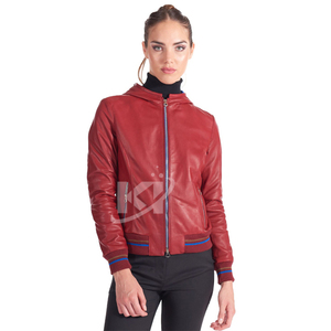Blouson aviateur en cuir d'agneau véritable pour femmes Blouson aviateur en cuir d'agneau élégant à capuche en cuir d'agneau pour femmes - Product Image 1