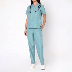 Ensemble de blouses médicales bleu clair à col en V pour femmes, haut à manches courtes et pantalon droit en coton et polyester tissé pour le secteur de la santé - Product Image 1