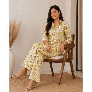 Ensemble coordonné en rayonne et coton à imprimé floral jaune, manches trois-quarts, style décontracté - Product Image 6