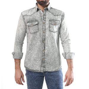 Camisa de mezclilla de alta calidad ligera hecha a medida con tu propio diseño, camisa de mezclilla elástica transpirable de alta calidad teñida lisa - Product Image 3