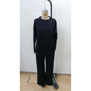 Women'<b>s</b> Long-Sleeve Crew Neck Viscose Two-Thread <b>Blouse</b> <b>and</b> Pants Two-Piece Set, 30266 - Black - Product Image 4