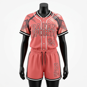 Ensemble maillot et short de baseball en polyester doux 180 GSM, noir corail, panneaux graphiques, logo sublimé, personnalisable, pour femme - Product Image 3