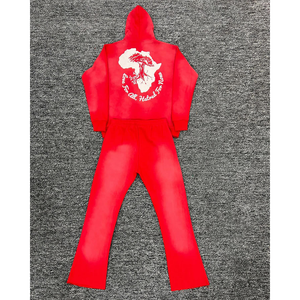 Chándal de felpa francesa de peso pesado para hombre, chándal con estampado de hojaldre, Sudadera con capucha y logotipo personalizado, conjunto de pantalones de chándal apilados acampanados, 100% algodón para hombre - Product Image 2