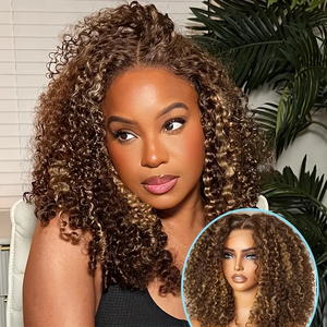 Perruque longue de luxe en cheveux humains vierges, blonds avec mèches, bouclés profonds, sans colle, avec closure 5x5 transparente HD, pour femmes noires - Product Image 6