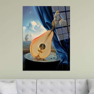 Arte en lienzo de pera surrealista: Impresión de naturaleza muerta de frutas e instrumentos, arte en vidrio templado - Product Image 1