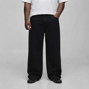 OEM/ODM High Quality solid black Denim <b>Jeans</b> Baggy fit Custom Embroidery Logo Straight wide Leg with Side Pockets men's pant - Product Image 4