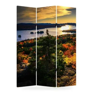 Pantalla Plegable de Lona de Doble Cara con Diseño de Atardecer Otoñal Junto al Lago - Product Image 4