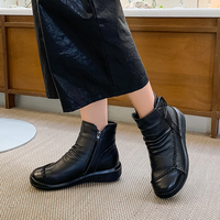 [JSHOE] Sepatu Boots Wanita Kulit Sapi Asli Korea, Model Tinggi Berlapis Bulu Hangat dengan Ritsleting, Nyaman, Ujung Bulat, Hak Datar