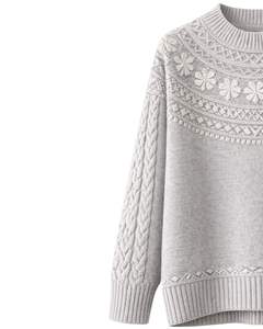 Customized Light Grey Jacquard Knit Sweater Floral Textured Crew Neck Long Sleeve Winter Pullover For Women Custom Wholesale - Product Image 2