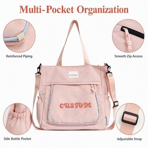 Sac fourre-tout en toile multi-poches pour femme, grand sac à bandoulière, logo personnalisé, rose, utilitaire, réutilisable, pour le shopping, les voyages et le quotidien - Product Image 2