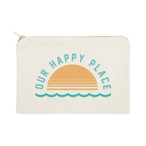 Notre Sac Cosmétique en Toile de Coton Écologique Happy Place, Grande Capacité, avec Fermeture Éclair, Durable, Portable, Motif Lettres Moderne - Product Image 1