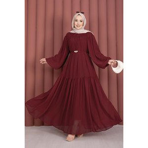 Robe de soirée en mousseline bordeaux pour femme, avec détail froncé, ceinture, silhouette trapèze, taille empire discrète, longueur ras du sol, robe de bal XL - Product Image 4