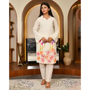 Ensemble Kurta pour femmes musulmanes en coton peint à la main, manches longues, simple, décontracté, respirant, écologique, printemps/été, tailles S-5XL - Product Image 1