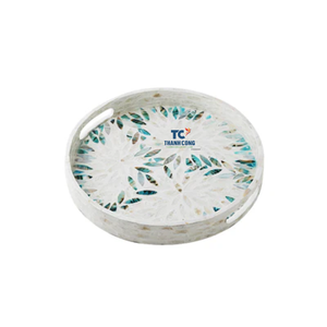 Plateau de service rond en nacre de haute qualité, fait main, écologique, élégant, avec incrustation florale, couleur personnalisée, poignées fabriquées au Vietnam - Product Image 1