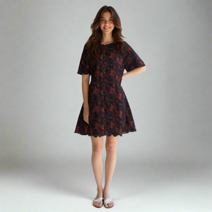 Vestido Mini Casual de Algodón con Estampado Floral, Sin Tirantes, Cintura Imperio, Mangas Medias Relajadas, Transpirable, Dulce y Fresco para el Día a Día, Talla XS, Diseño Hueco - Product Image 1