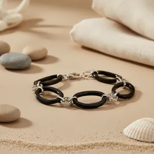 Pulsera de Eslabones Ovalados Plateados y Negros para Mujer, Joyería de Cadena Geométrica, Estilo Clásico, Accesorio de Moda para Fiesta - Product Image 3