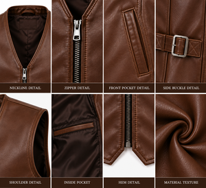 Men's <b>Brown</b> PU Leather Moto <b>Vest</b> V-Neck Zipper Closure Regular Fit Solid Color Outerwear - Product Image 5