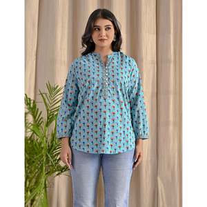 Blusa Azul Butti de Algodón con Botones Delanteros, Estampado Floral, Logotipo Bordado, Cuello con Volantes, Corte Holgado para Mujer, Talla XL, Estilo Coreano - Product Image 6