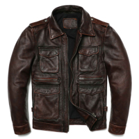 Erkek Kahverengi Vintage Hakiki Deri Ceket Premium Sığır Derisi Günlük Motosiklet Ceketi Retro Çok Cepli Biker Ceketi