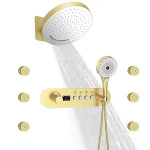 Wall Mount exibição termostática sistema do chuveiro escovado ouro banho chuveiro conjunto com alta pressão 6 pcs corpo Sprays chuveiro de bronze