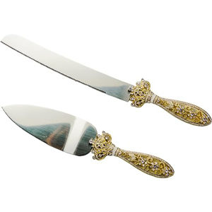 Ensemble 3 pièces serveur de gâteau et couteau en acier inoxydable plaqué or haute vente avec poignée gravée pour Restaurant Home Festival Party - Product Image 5