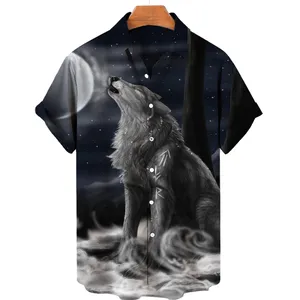 Vintage Printed Lovers Wolf Men's Shirt Hawaii Lapel Hip Hop Oversize Men's Clothing Single Breasted Short Sleeved Top European