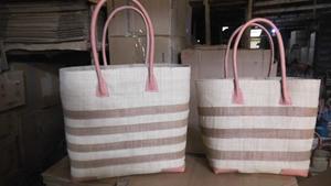 Madagascar Colored Leather Handles Drawstring Closure Striped Sisal <b>Raffia</b> Tote Handbag with Pompoms and Pocket Large Size - Product Image 5