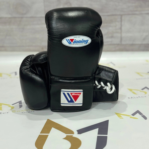 Gants de boxe gagnants de qualité supérieure Gants de sparring d'entraînement en cuir véritable noir Style à lacets - Product Image 1