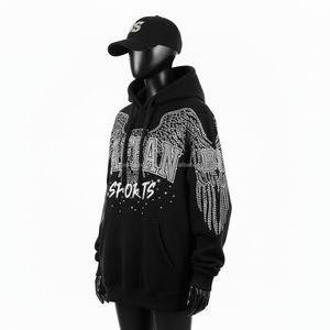 Sudadera con capucha de lujo con diamantes de imitación para mujer 320 GSM Heavy Fleece Cotton Black Sparkle Design Oversized Custom Logo Women Basics Hoodies - Product Image 4