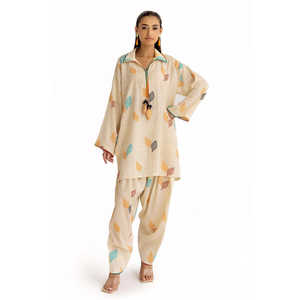 Conjunto de 2 Piezas, Camisa y Pantalón Estampados Jacquard Slub Khaddar, Estilo Casual para Primavera/Verano-SCT-52002 - Product Image 4